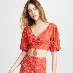 Free People  Danni Jane In Cherry Blossom Red Puff Sleeve Crop Top - Size 2